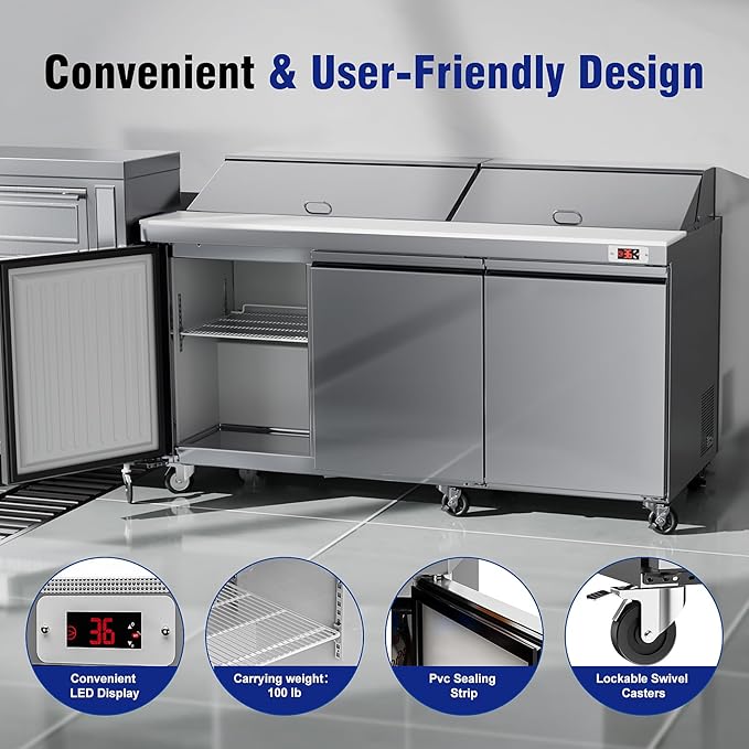 72’’ W Commercial Refrigerator Sandwich Salad Prep Table Refrigerators 3 Door with 18 Pans, Prep Station Fridge for Restaurant, Bars, Shops