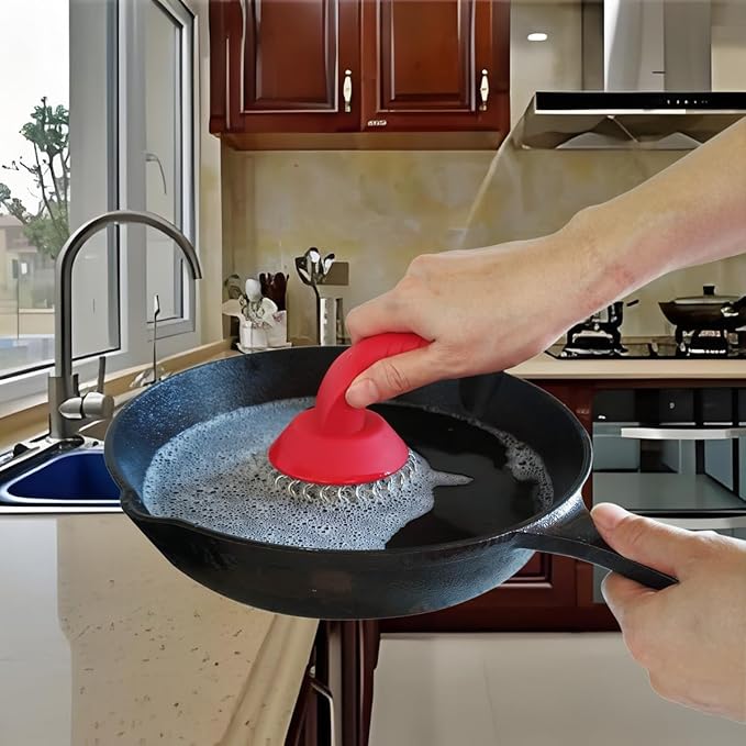 Cast Iron Scrubber with Pan Scraper & Towl, 316 Chainmail Scrubber with Long Handle, Upgraded Chain Mail Scrubber Cleaner for Grill Pan Skillet Wok Carbon Steel Dutch Oven Metal Brush (Red)