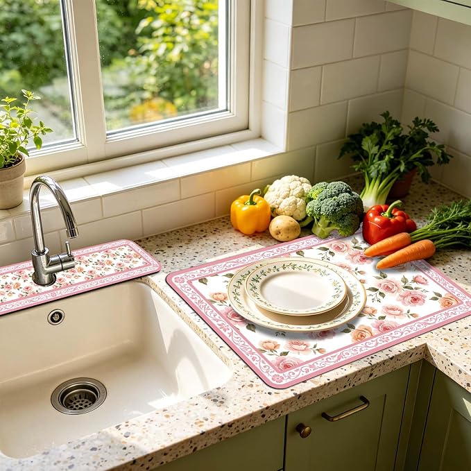 3 Pcs 2 Size Kitchen Sink Splash Guard Faucet Mat Pale Pink Flowers Pattern - Image 5