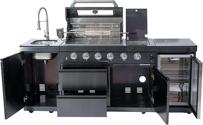 85 Inch 4-Burner 72000 BTU Natural Gas Outdoor Kitchen Island with Grill, Wine Cooler Compact Refrigerator, Rotisserie Kit, Granite Countertops, Stainless Steel Sink, Black