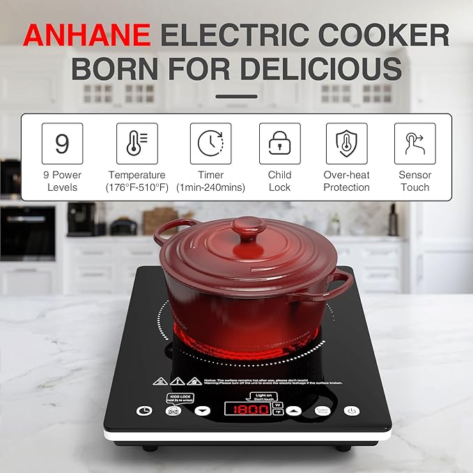 1800W Electric Cooktop, 110V Single Burner Stove with Overheat Protection and Adjustable Power Levels - Portable Ceramic Stove for Kitchen, Travel, RV