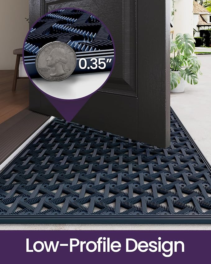 DEXI Front Door Mat Outside Entrance Rubber 19x30, Welcome Floor Doormat Heavy Duty Non Slip, Dirt Trapper Waterproof Exterior Entry Mats All Weather for Patio Entryway Drainage, Blue
