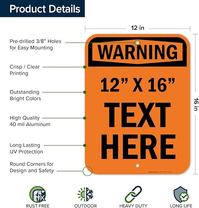 Custom Warning Sign, OSHA Sign, 12x16 Inches, Post Holes, Rust Free .040 Aluminum, Fade Resistant, Indoor/Outdoor Use, Made in USA by My Sign Center