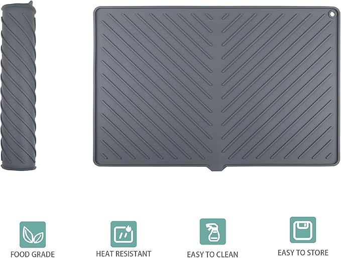 Dish Drying Mat, Silicone Dish Drying Mat for Kitchen Counter, Extra Thick & Large Dish Drainboard Mat with Built-in Drain, Non-silp, Heat Resistant, Dishwasher Safe (Black, 24" x 15")