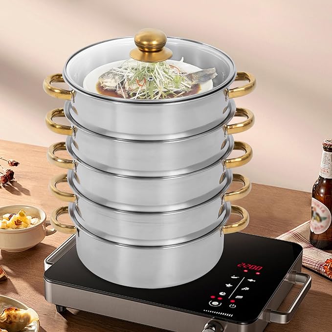 Stainless Steel Steamer Pot, 11-Inch Steamer for Cooking, 5-Tier Food Steam Pots with Lid for Cooking Vegetables, Seafood, Soups, Stews, Dumplings and Pasta