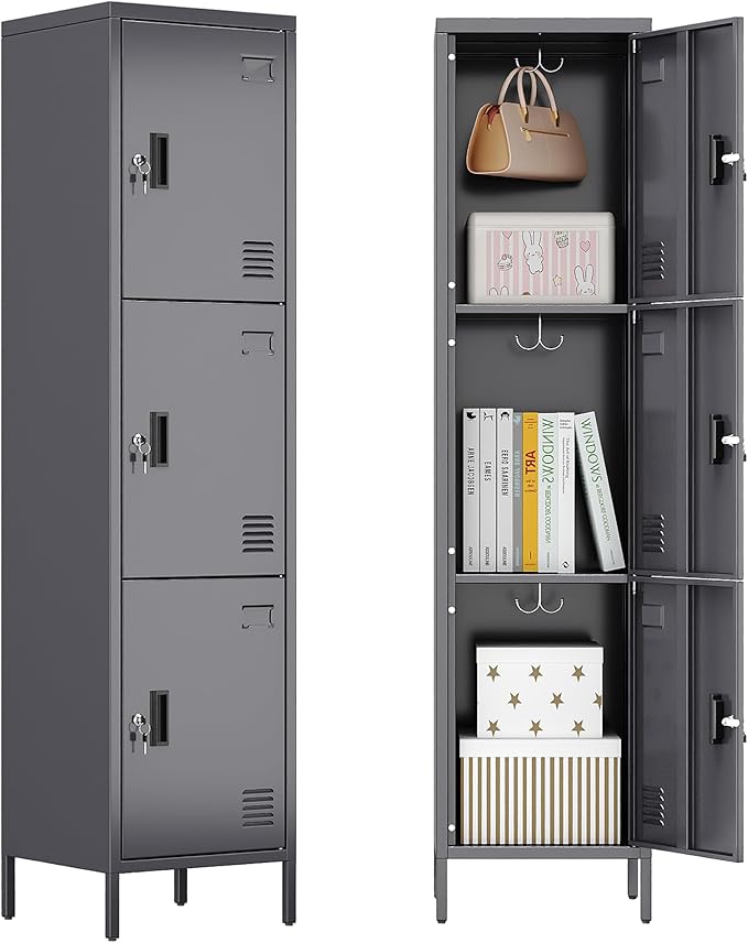 METAN Metal Storage Employees Lockers with 3 Lockable Doors and Hooks,66''H*16''W*16''D Locking Storage Cabinets for Small Spaces,Home,School,Gym,Assembly Required,Dark Gray