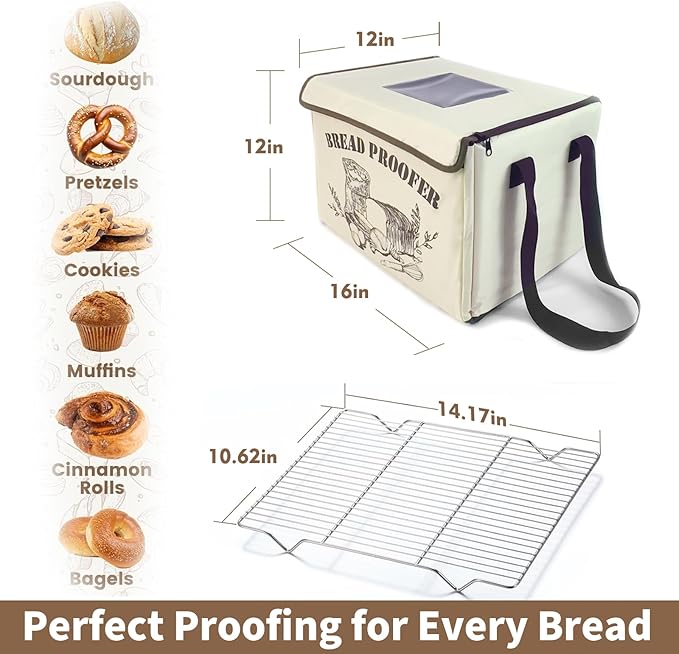 Bread Proofing Box with 50-130℉ Temp Control & 48H Timer, Folding Bread Proofer with Silicone Sling, Proofing Basket, 304 Stainless Steel Rack and Metal Plate for Dough, Sourdough, Pizza