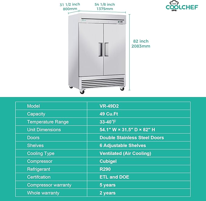 54" Commercial Refrigerator 49 Cu.Ft, Stainless Steel 2 Door Reach-in Fridge, 33–40℉, Air Cooling, LED Light, 6 Shelves, R290, ETL
