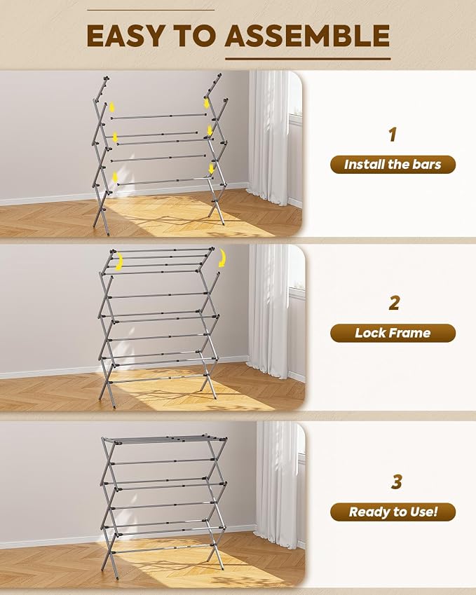 KINGBOARD 3-Tier Extendable Clothes Drying Rack, Small & Foldable, Space-Saving - Image 5