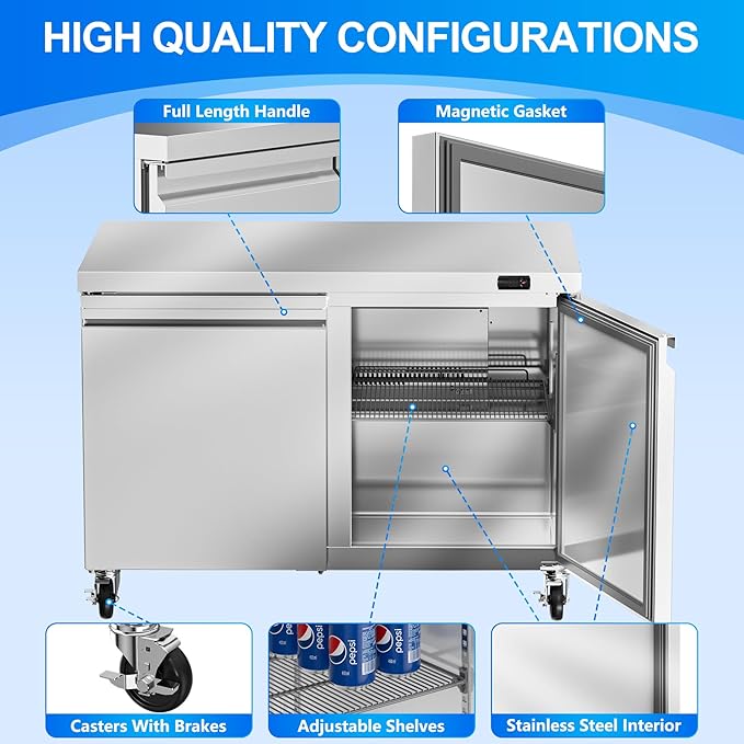 48" W Commercial Undercounter Freezer, 11.1 Cu.ft 2 Door Worktop Under Counter Freezer, Stainless Steel Commercial Kitchen Freezing Equipment for Restaurant, Bar, Shop, etc.