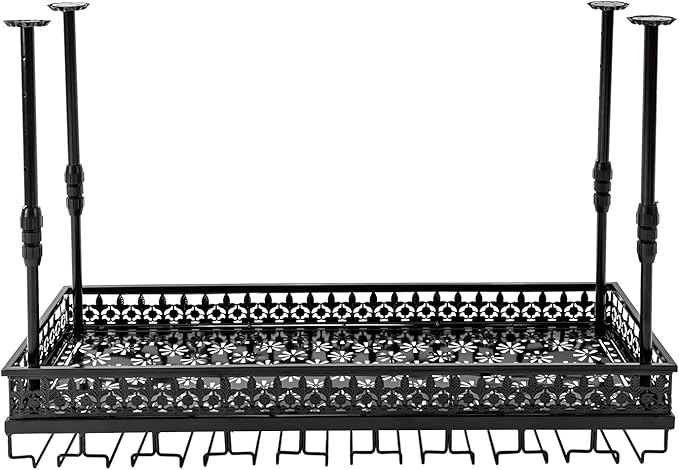 35inch Ceiling Wine Glass Rack, Adjustable Height Hanging Wine Goblet Holder, 2 in 1 Industrial Hanging Bottle Racks Black Metal Ceiling Stemware Shelves for Bar Cafe Kitchen