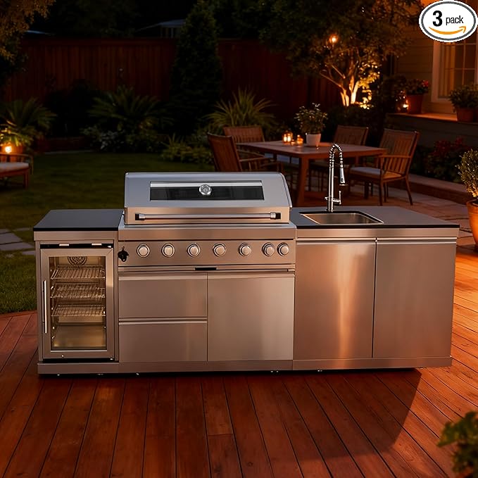 96'' 6-Burner 85000 BTU Deluxe Stainless Steel Propane Gas Outdoor Kitchen Barbecue Island Grill, Wine Cooler Compact Refrigerator, Rotisserie Kit, Granite Countertops, Stainless Steel Sink, Silver