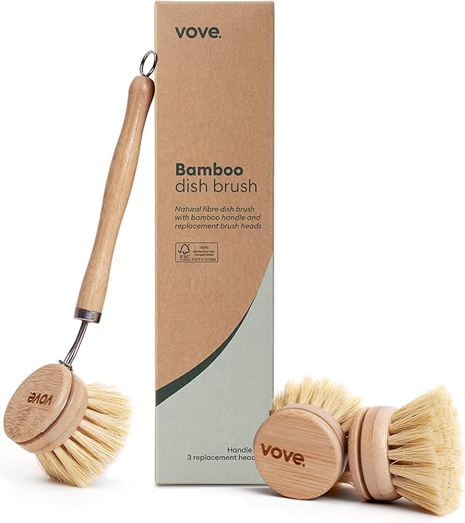Bamboo Dish Brush with 3 Replacement Heads, Plastic-Free Kitchen Scrub Brush by Vove