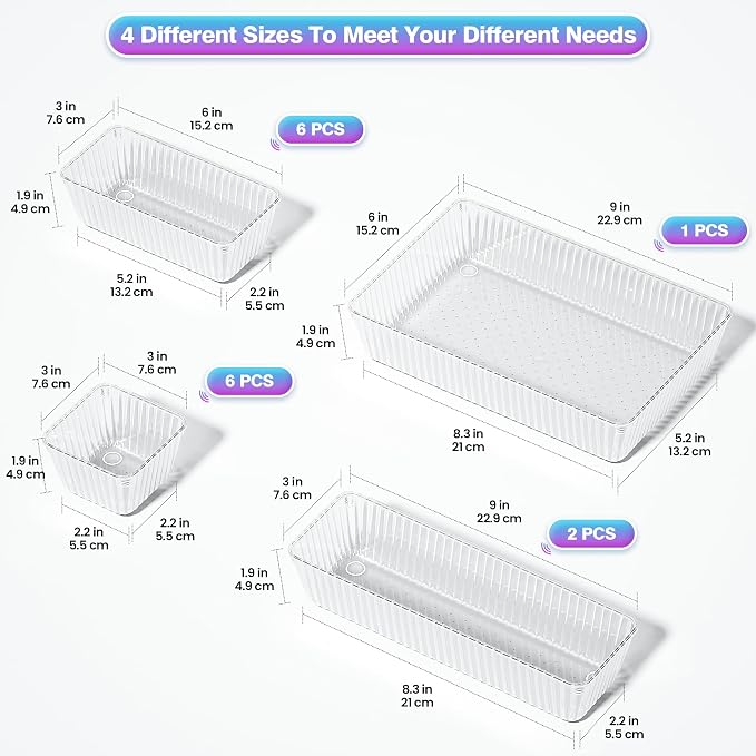 15 PCS Clear Plastic Drawer Organizer Set, Makeup Organizer Trays | 4-Size Desk - Image 2