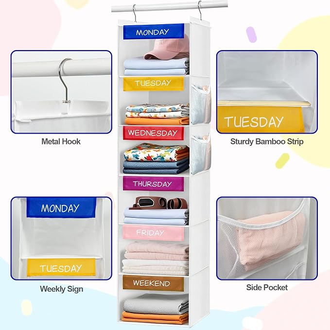 Weekly Clothes Organizer for Kids, 6-Shelf Hanging Closet Organizer - Image 4