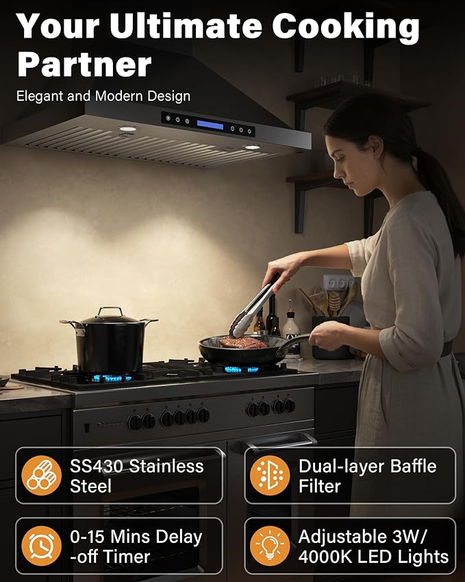 36 inch Stainless Steel Wall Mount Range Hood - 900 CFM, Ultra-Quiet 4-Speed Vent, Touch/Remote Control LCD, LED Lights, Ducted/Ductless Convertible
