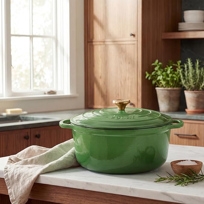 Zulay Kitchen 6 Quart Enameled Cast Iron Dutch Oven Pot with Lid – Premium Durability & Oven Safe up to 500°F – Heavy Duty Cookware Perfect for Bread Baking, Stews, Braising & Roasting – Green