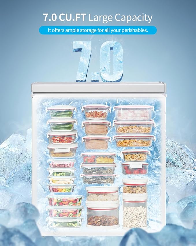 TABU 7.0 Cubic Feet Chest Freezer, Energy Saving Chest Deep Freezer with 7 Level Adjustable Thermostat, Top Opening Compact Freezer with Removable Storage Basket (White)