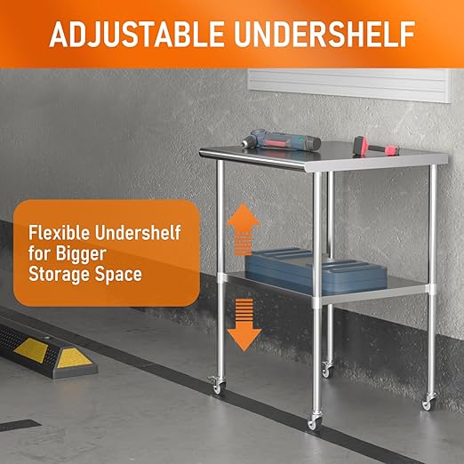Stainless Steel Table with Wheels 24" x 30" Utility Worktable with Adjustable Undershelf for Commercial Kitchen, Garage, Restaurant