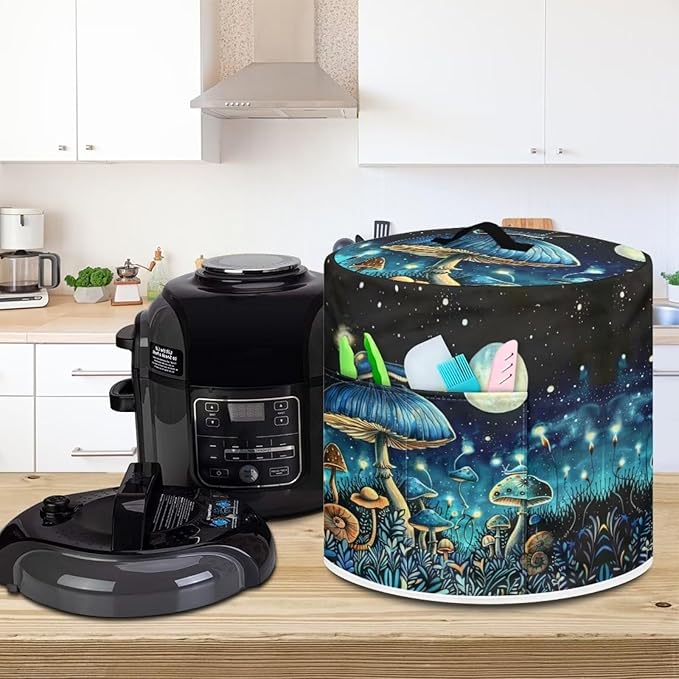 Blue Mushroom Pressure Cooker Cover for Women Insulated Rice Cooker Cover with Easy to Clean Lining Stain Resistant Dust Cover with Pockets for Instant Pot 6 Quart Appliance Cover