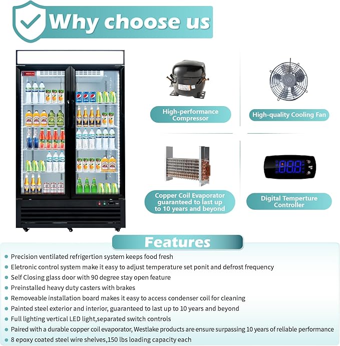 WESTLAKE 48" W Merchandiser Commercial Display Refrigerator 2 Glass Door 2 Section Reach-in Glass Door Upright Fan Cooling 36 Cu.ft Cooler for Restaurant, Bar, Shop, etc