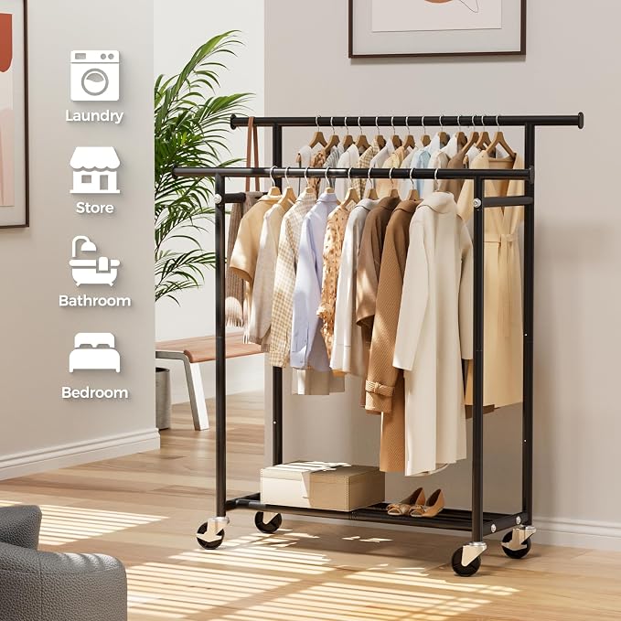 HYSEYY Clothes Rack, Double Rods Rolling Clothing Rack - Image 7