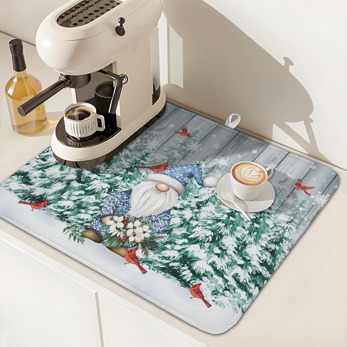 Giwawa Winter Gnome Dish Drying Mat Pine Tree Dishes Pad 16"x18" Microfiber - Image 7