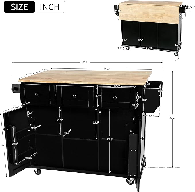 Merax Mobile Kitchen Island Cart Cabinet with Door Internal Storage Racks, 3 Drawers and 5 Rolling Wheels for Dining Room