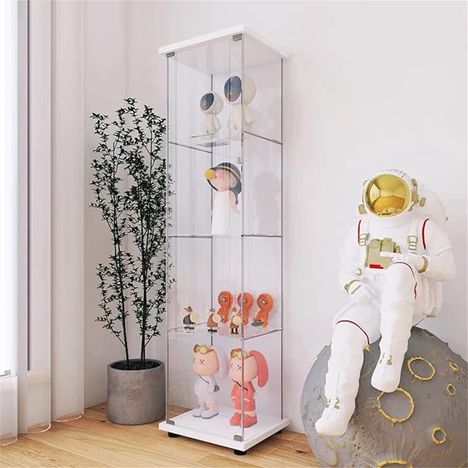 Yoluckea 4 Shelves Glass Display Cabinet with Door,Floor Standing Clear Glass Curio Cabinet Collection Display Case for Living Room Bedroom 64”x17”x14.5” White