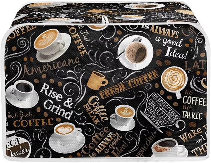 Cafe Coffee Print Toaster Cover 2 Slice Waterproof Appliance Cover with Handle Loop Kitchen Bread Baker Toaster Covers for Small Appliance