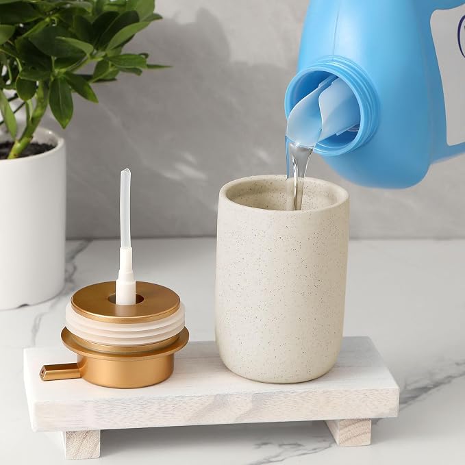 Ceramic Pump Bottle Refillable Lotion Soap Dispenser 12oz Beige | Matte - Image 4