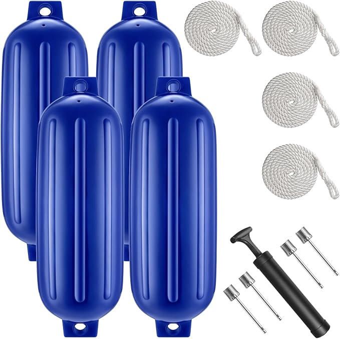 8.5 x 27 Inches Twin Eyes Ribbed Boat Fenders 4 Pack Boat Fenders Bumpers with Lines and Pump to Inflate for Docking