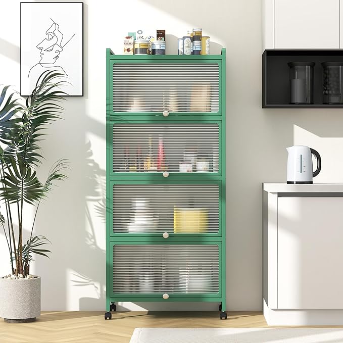 Giantex 5-Tier Kitchen Storage Cabinet, Mobile Microwave Stand with Flip-up PC Doors, Freestanding Kitchen Bakers Rack with 4 Rolling Casters, for Dining Room, Living Room and Study, Green
