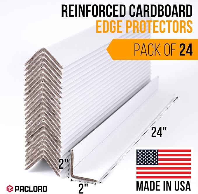 24" x 2" x 2" Reinforced Cardboard Edge Protectors, White (Pack of 24) – 0.225" Thick Extra Heavy-Duty Cardboard Corner Protectors – American Quality V-Board Pallet Edge Protectors