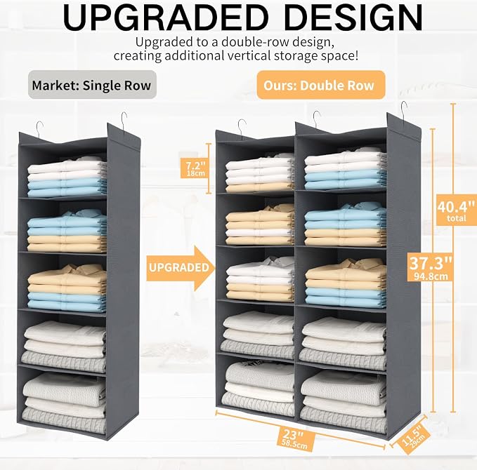 5 Tier Hanging Closet Organizer, Dual Row Wardrobe Storage - Image 2