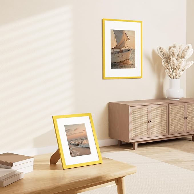 Vittanly 8x10 Picture Frame Set of 2, Solid Wood Frame for Wall or Tabletop, Display Photo 5x7 with Mat or 8x10 without Mat, Yellow