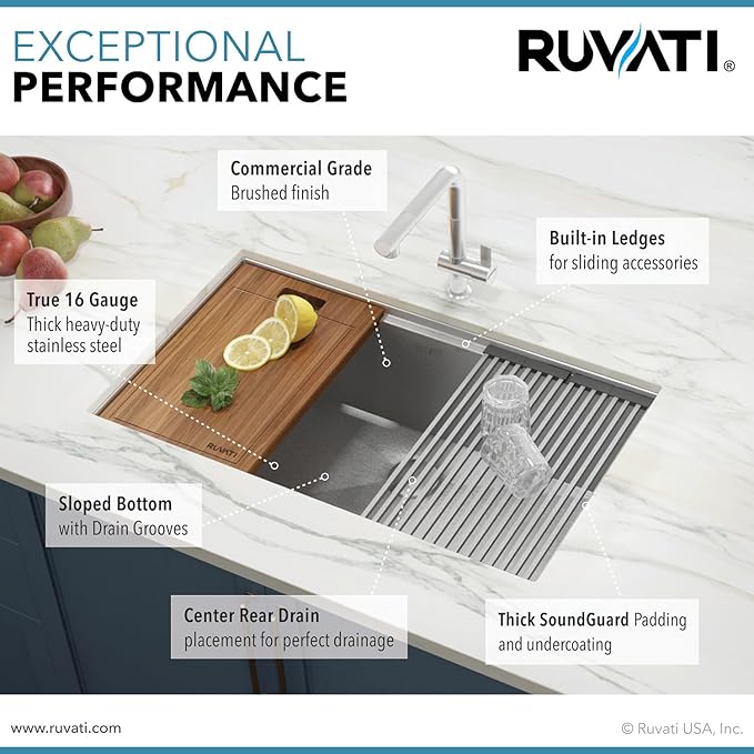 Ruvati 30-inch Round Corner Undermount 16 Gauge Stainless Steel Workstation Kitchen Sink Single Bowl – Soundproof Multifunction Chef Sink with Cutting Board & Accessories – RVH8320