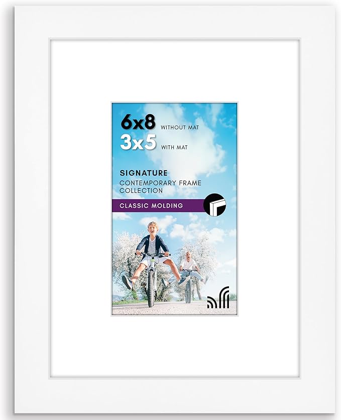 Americanflat 6x8 Picture Frame with Shatter-Resistant Glass - Use as 3x5 Frame with Mat or Display 6x8 Photo Without Mat - Signature Collection - Picture Frames for Tabletop and Wall Display - White