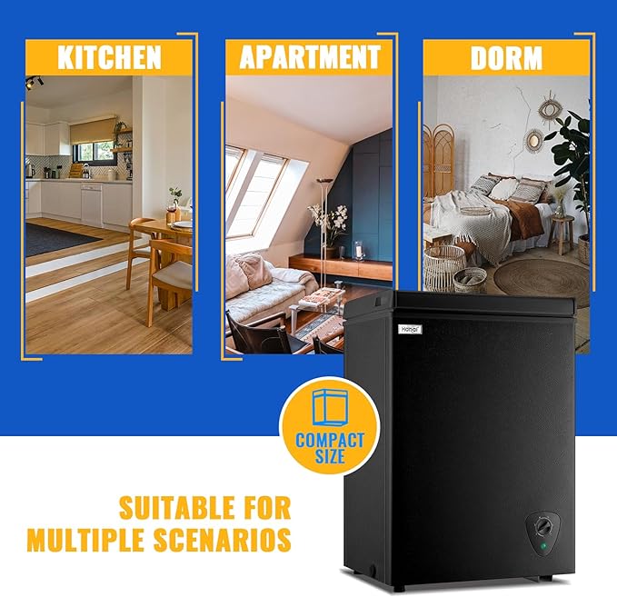 Chest Freezer WANAI 3.5 Cubic Deep Freezer with Top Open Door and Removable Storage Basket, 7 Gears Temperature Control, Ideal for Office Dorm or Apartment, Black