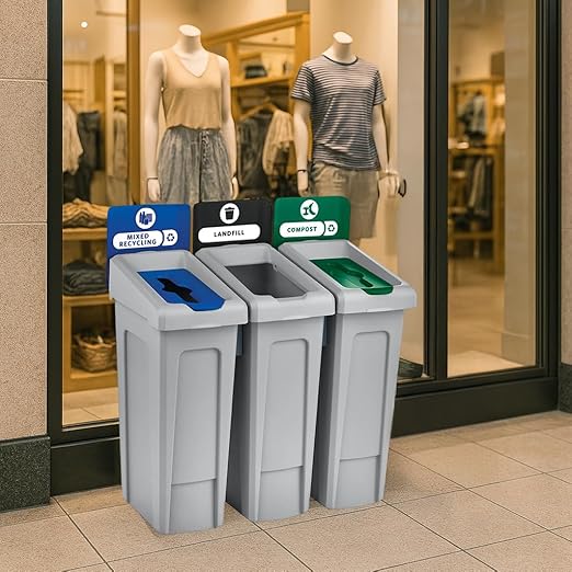 23 Gallon Landfill Waste Bin with Hinged Lid – Commercial Trash Container with Liner Cinches and Venting Channels – Slim Design for Restaurants, Offices, and Public Areas