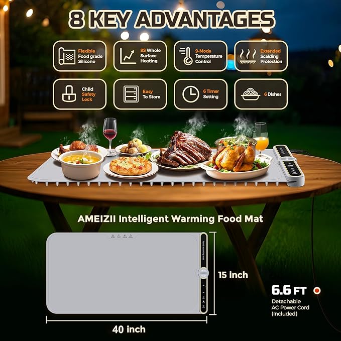 Warming Mat for Food - Super Large 40"x15" Electric Warming Tray Warm 10 Dishes, 9-Temperature Adjustable, 1-6H Timer, Child Lock, 8s Fast Heating, Foldable Food-Grade Silicone Design
