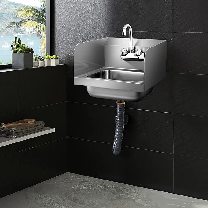 Giantex Stainless Steel Hand Sink with Faucet, Side Splash, Two Temperature Water Inlet, 17" x 15" Commercial Sink for Restaurant, Kitchen, Wall Mount