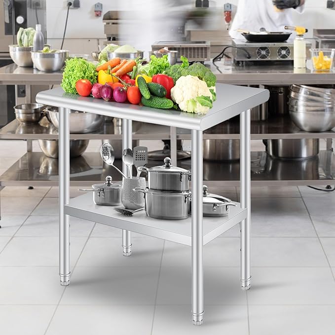  Stainless Steel Prep Table, 24 x 48 Inches Heavy Duty Commercial , with Rounded-Corner, Adjustable Undershelf and 4 Caster Wheels, Heavy Duty Work Table with Adjustable Under Shelf for Outdoor, Res