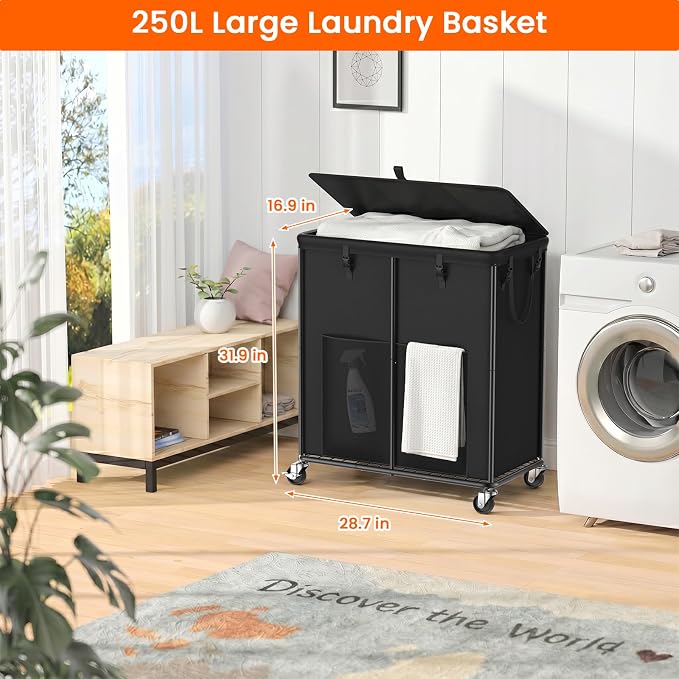 250L Laundry Hamper with Lid & Wheels, Rolling Laundry Basket with Bag - Image 2