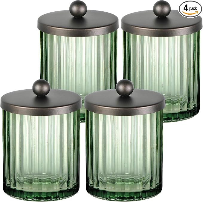 Amolliar Green Glass Qtip Holder Apothecary Jar Metal Lid by Amolliar