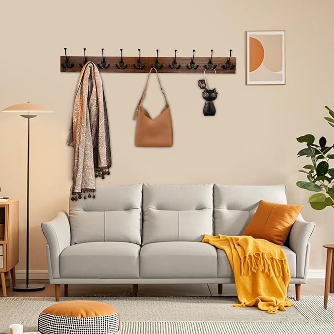 IBosins Brown Wood Wall Mounted Coat Rack, Rustic Coat Hooks Rail - Image 4