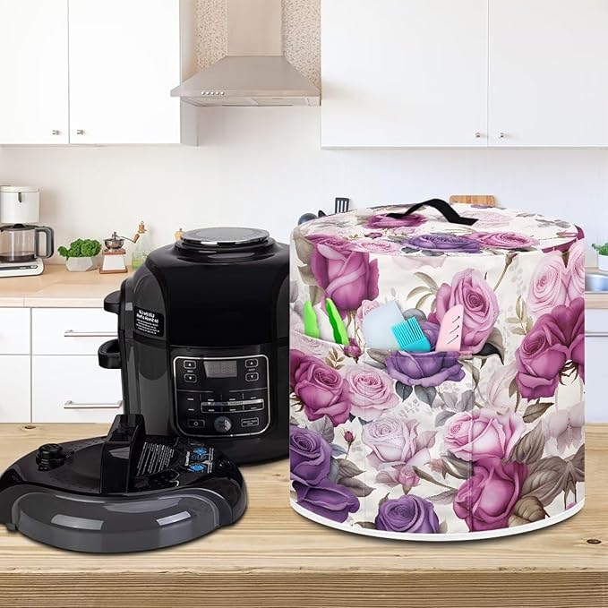 Purple Rose Pressure Cooker Cover for 6 Quart Instant Pot and Air Fryer Accessories, Stain Resistant Washable Round Protective Cover Electric Appliance Cover with Front Pocket