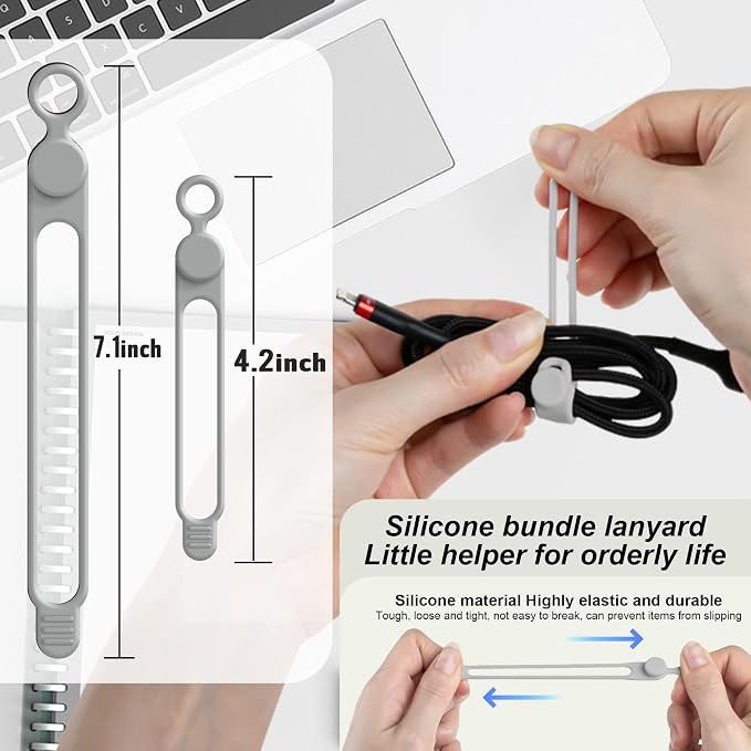 Silicone Cable Ties, Cord Organizer Cable Management, 2Sizes-Grey | Reusable - Image 2