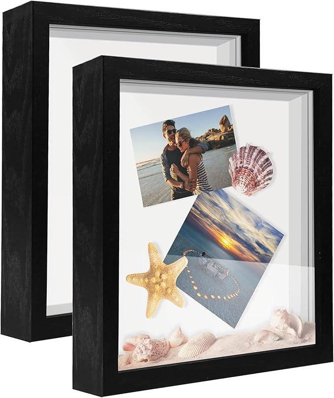 8x10 Shadow Box Frame Display Case, Wood with Plexiglass, Display Case Box for Memorabilia, Medal, Crafts,Tickets and Photos, Picture Frame for Wall and Tabletop (8x10, 2pcs-Black)