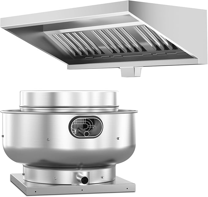 Food Truck Low Profile Exhaust Hood System Includes a 5FT Commercial Kitchen Exhaust Hood and an 0.25HP Restaurant Hood Grease Rated Roof Exhaust Fan